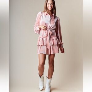 510. Striped Velvet Long Sleeve Belted Tiered Ruffle Dress Pink